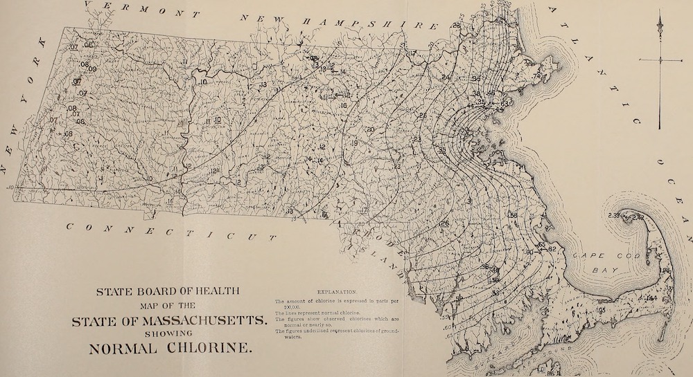 A map of the chlorine in Massachusetts, developed by Ellen Swallow Richards.