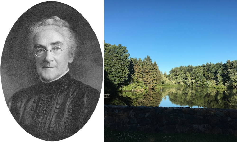 Side-by-side images of Ellen Swallow Richards and a pond near Swallow Union Elementary School in Dunstable.