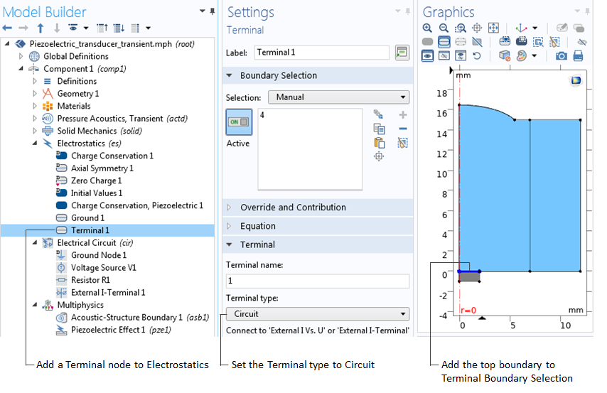 A screenshot showing how to add a Terminal node in COMSOL Multiphysics.