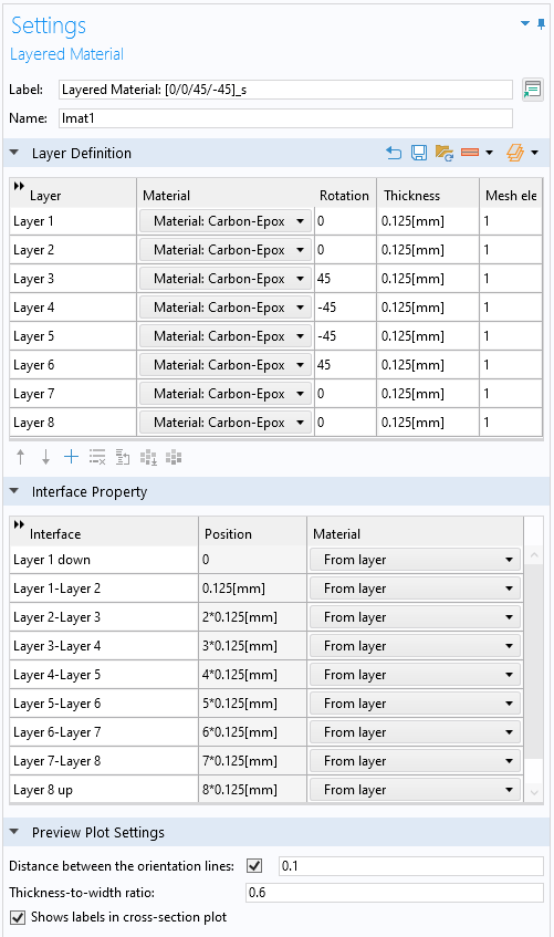 A screenshot of the Settings window for a Layered Material node.