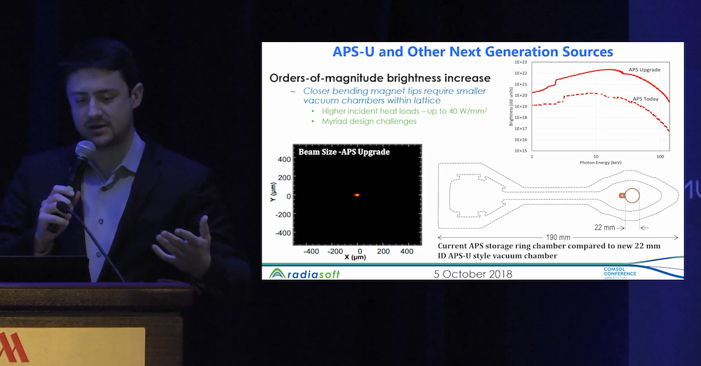 Ein Foto von Nicholas Goldring bei dem Vortrag über Synchrotron-Lichtquellen auf der COMSOL Conference 2018.