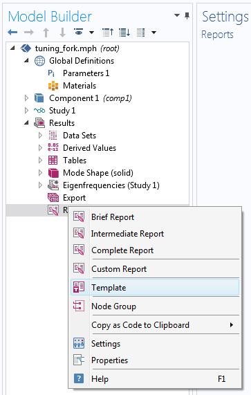 A screenshot showing how to add a new report template in COMSOL Multiphysics®.