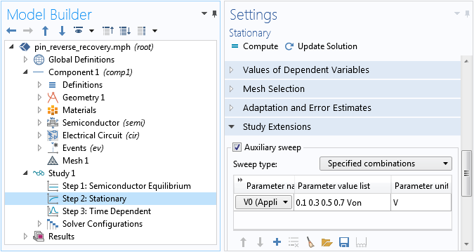 A screenshot of the settings for the Stationary study step in COMSOL Multiphysics®.