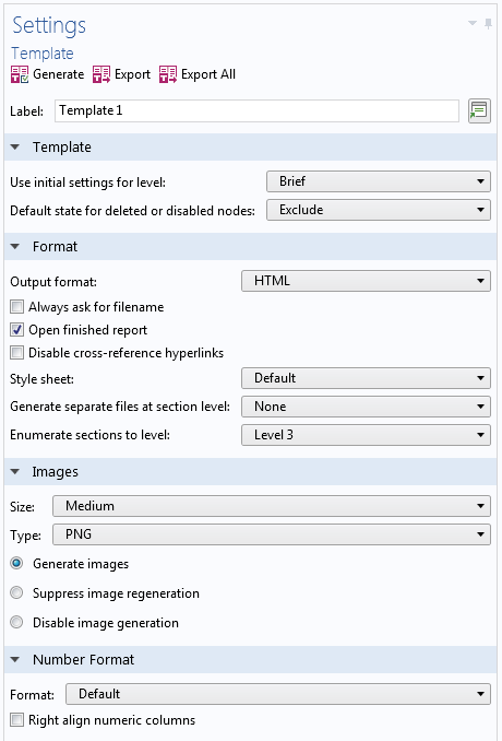 A screenshot of the settings for a report template.