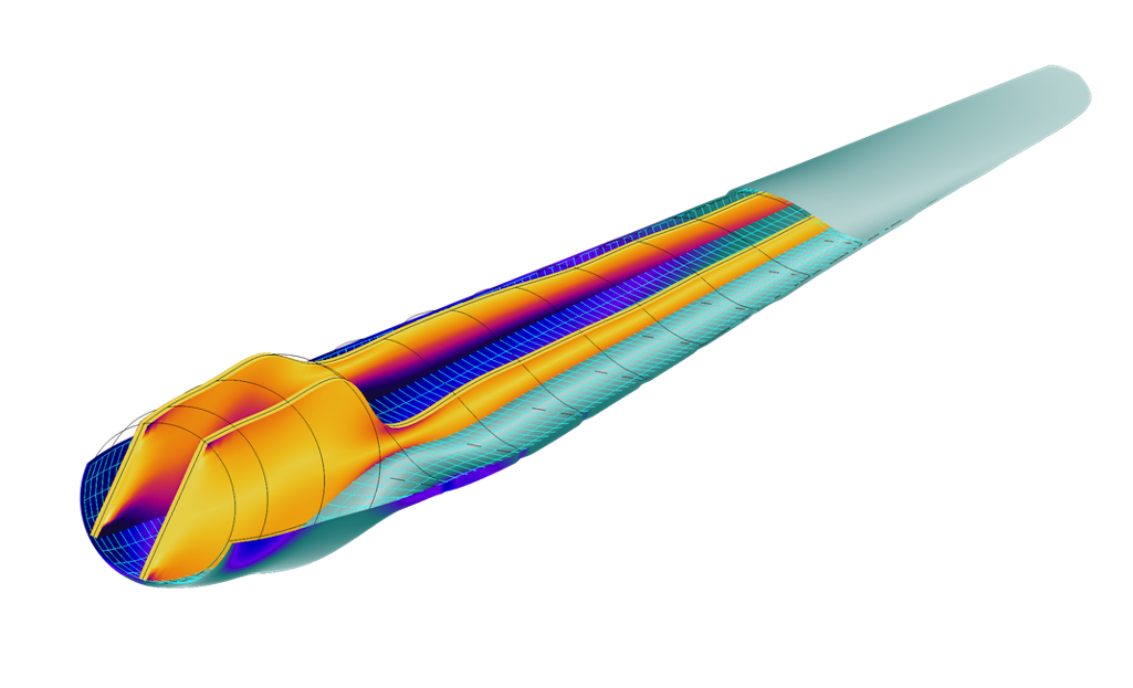 A model of a wind turbine blade modeled with the Composite Materials Module.