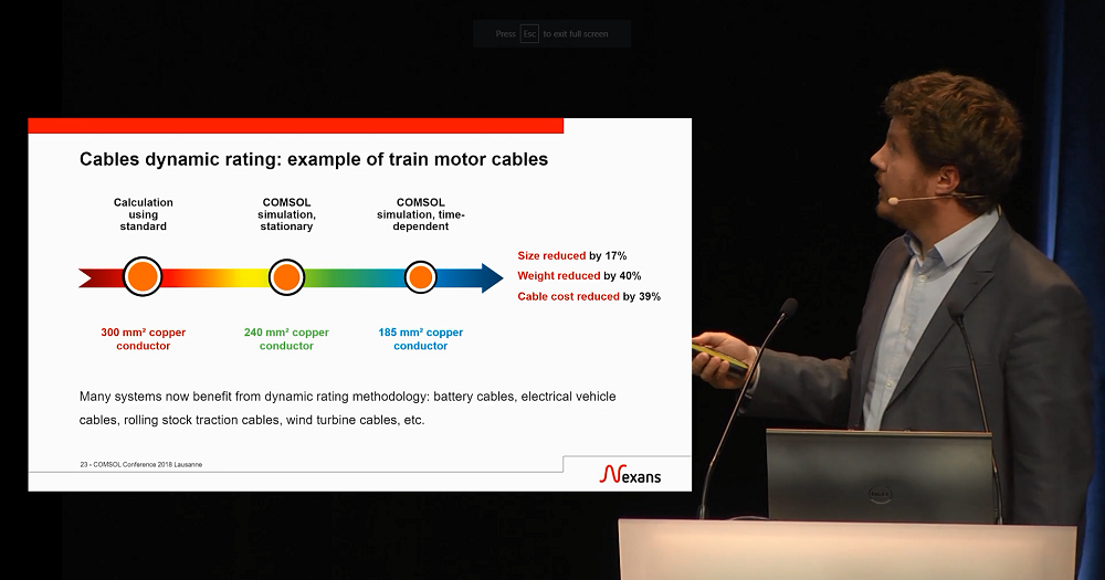 A photograph of Adrien Charmetant giving a keynote talk at the COMSOL Conference 2018.