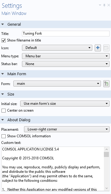 Screenshot of the main Settings window for an application in COMSOL Multiphysics.