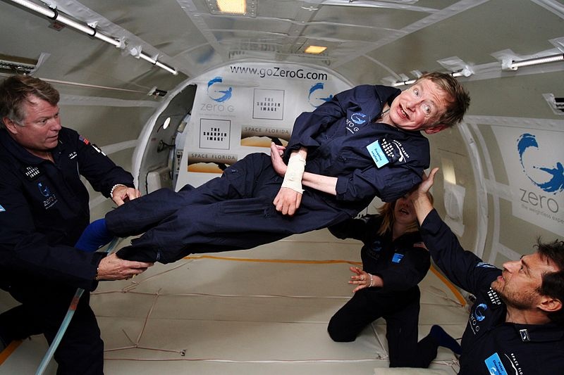 A photograph of Stephen Hawking in the middle of a zero-gravity flight.