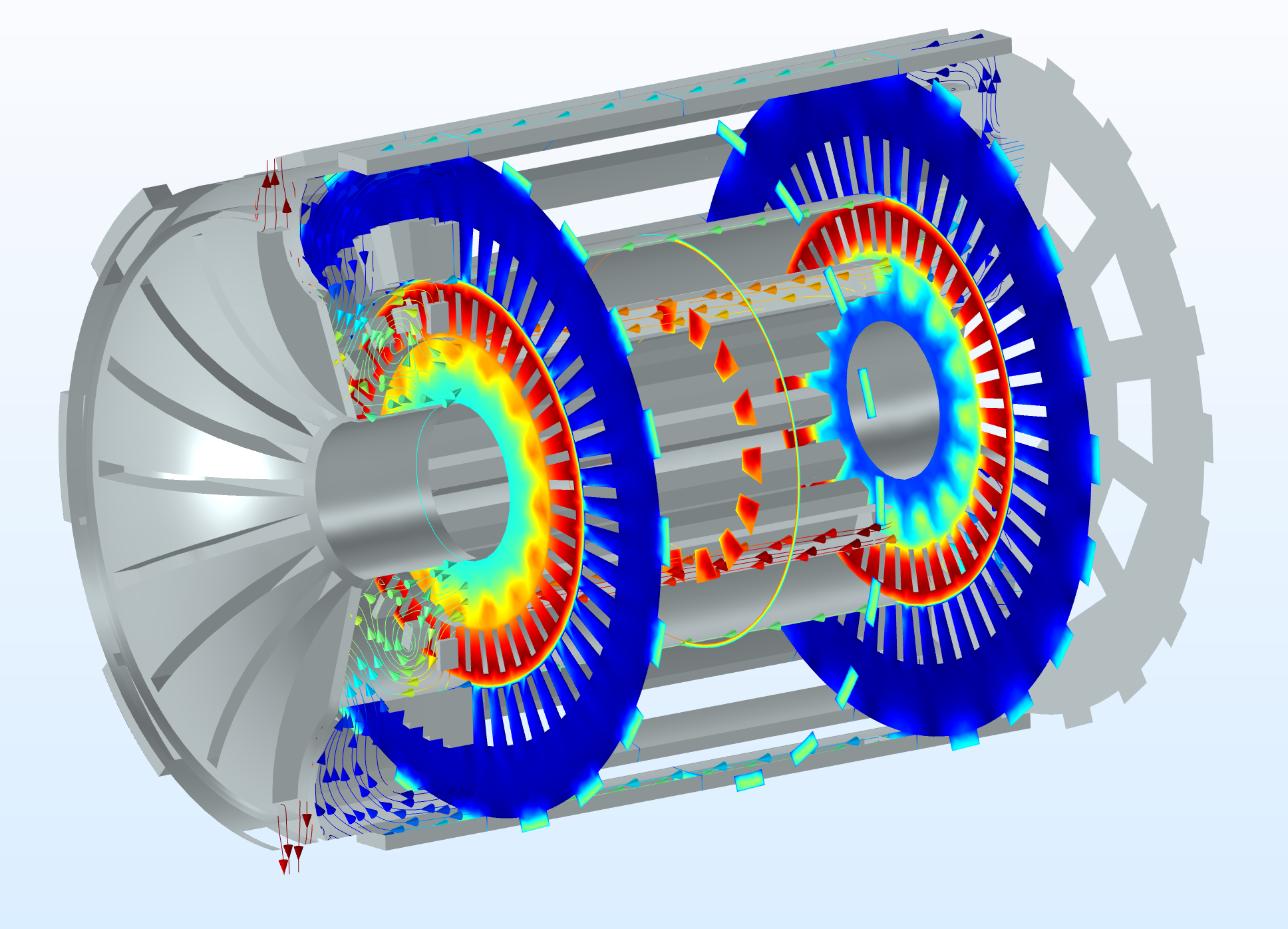 用 COMSOL Multiphysics® 模拟的电动机中气流速度的图像。