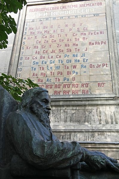 A photograph of a monument to Dmitri Mendeleev in Saint Petersburg.