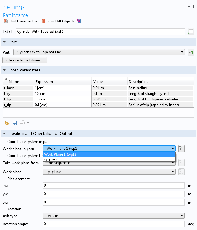 A screenshot showing the available settings for defining a work plane for a part instance.