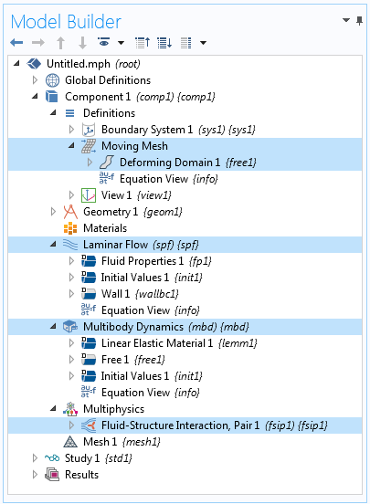 Screenshot showing the Model Builder after adding the Fluid-Multibody Interaction, Assembly interface.