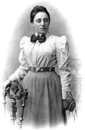 A black and white photograph of Emmy Noether.