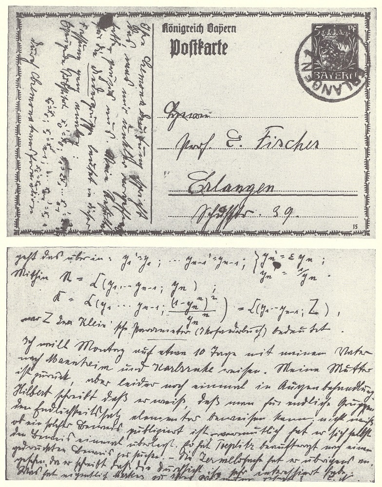 A photograph of a postcard Emmy Noether sent to her friend Ernst Fischer.