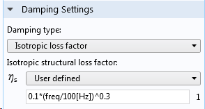 A screenshot of the damping settings showing a frequency-dependent loss factor.