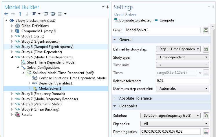 Screenshot of entering modal damping in settings.
