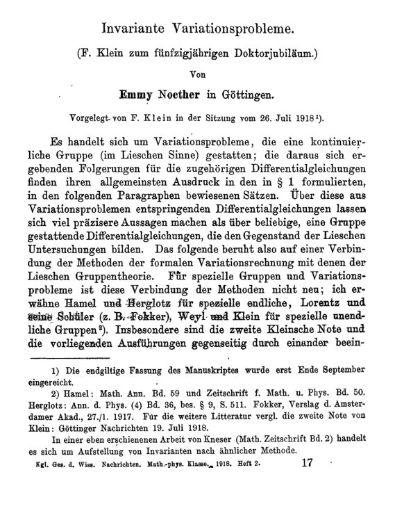 A picture of the first printed page of Noether's theorem.