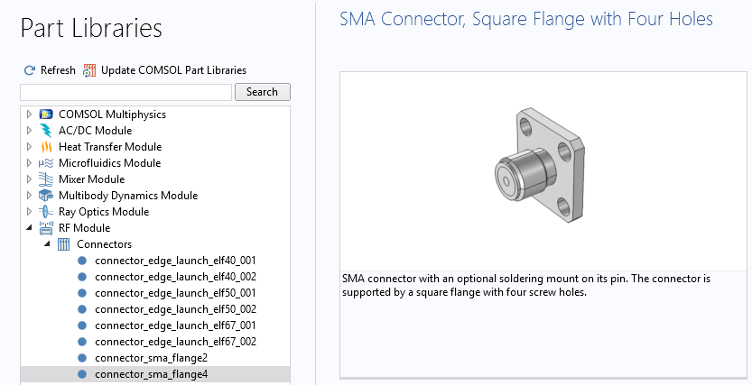 A screenshot of the RF Module Part Library with an SMA connector shown.