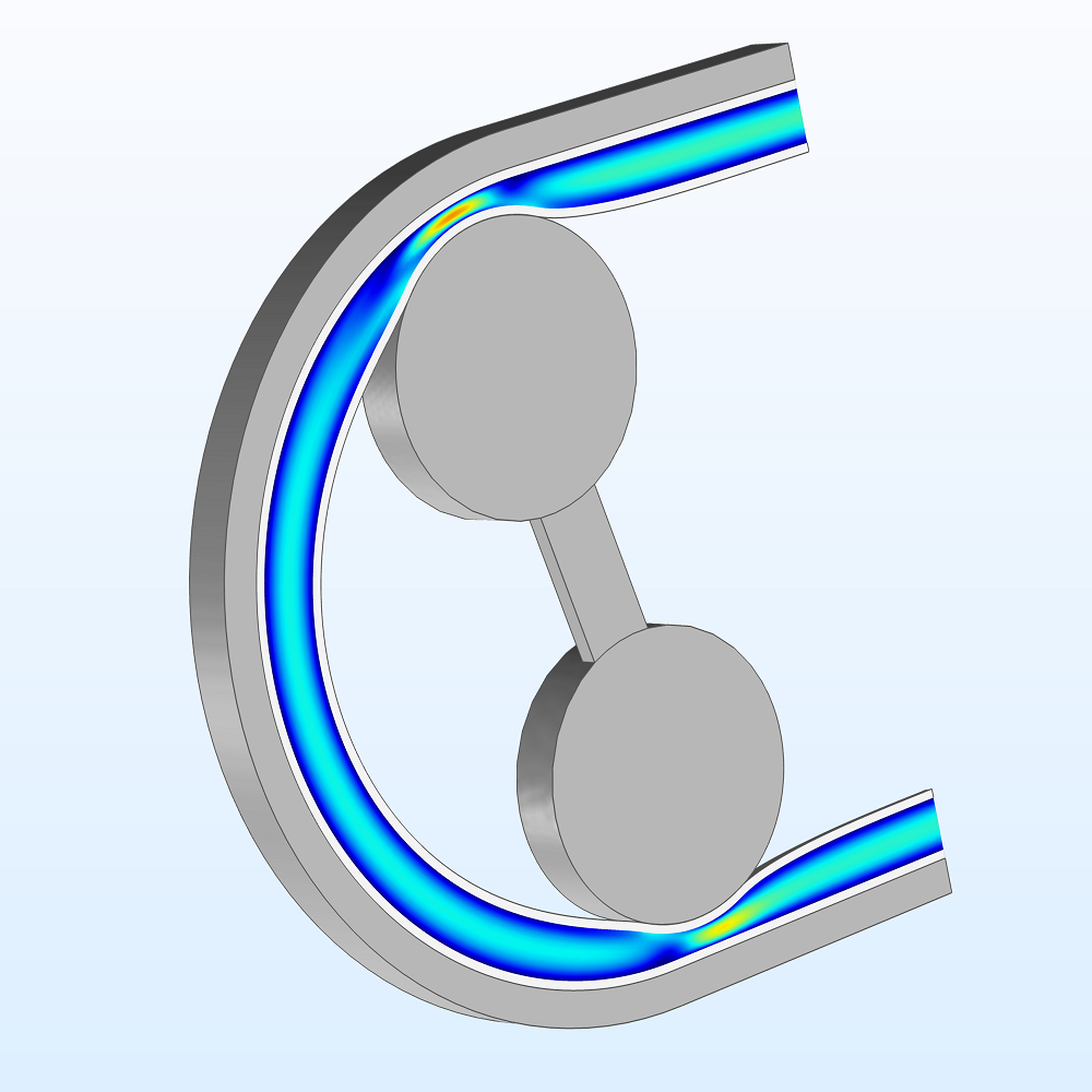 An image of an FSI simulation of a peristaltic pump created in COMSOL Multiphysics.