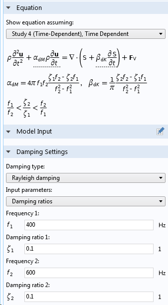 Screenshot of Rayleigh damping parameters with the damping ratio at two different frequencies.