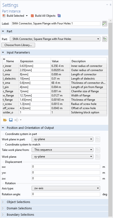 The settings of an SMA connector that has been imported from the Part Library.