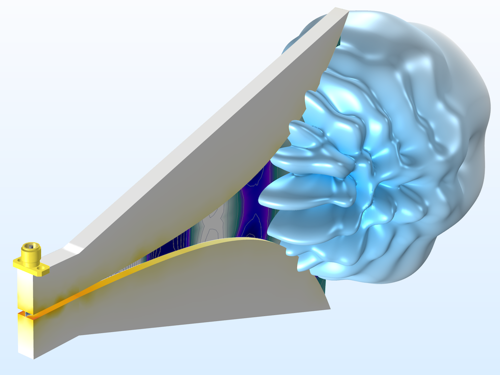 在 COMSOL Multiphysics<sup>®</sup> 中模拟的双脊喇叭天线的图像。
