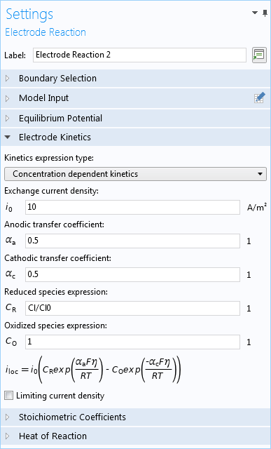 A screenshot of the Settings window for the Electrode Reaction feature.