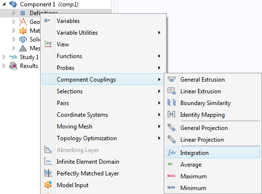 A screenshot showing how to add an Integration operator in COMSOL®.