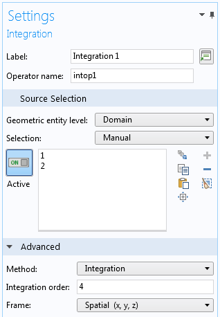 A screenshot of the Settings window for the Integration operator.