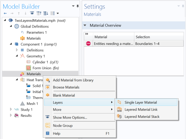 A screenshot showing how to create a layered material node, with the Single Layer Material option selected.