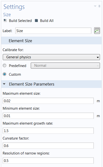 A screenshot of the Settings window for mesh size in COMSOL Multiphysics®.
