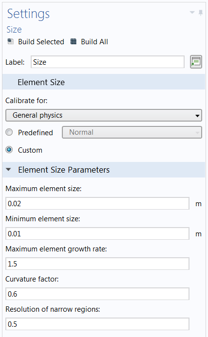 comsolMultiphysics®中网格大小的设置窗口的屏幕截图。