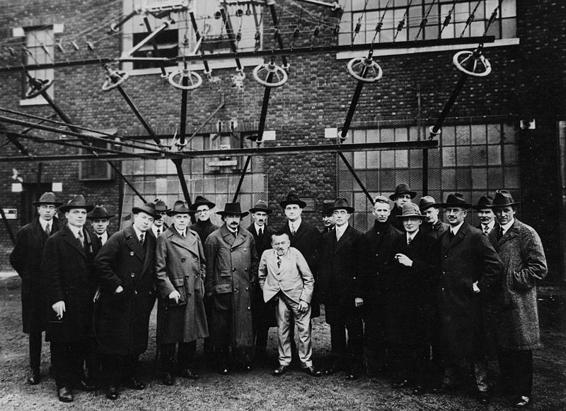 A photograph of a group of scientists and engineers at RCA, with Albert Einstein and Charles Steinmetz in attendance.