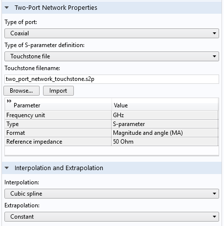 A screenshot of the Two-Port Network feature Settings window.