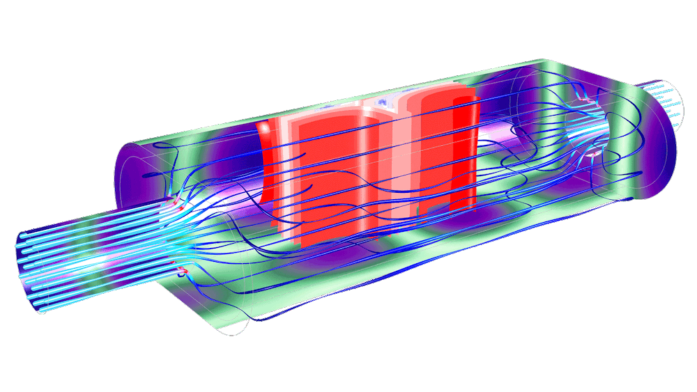 An image of an automotive muffler modeled in COMSOL Multiphysics.