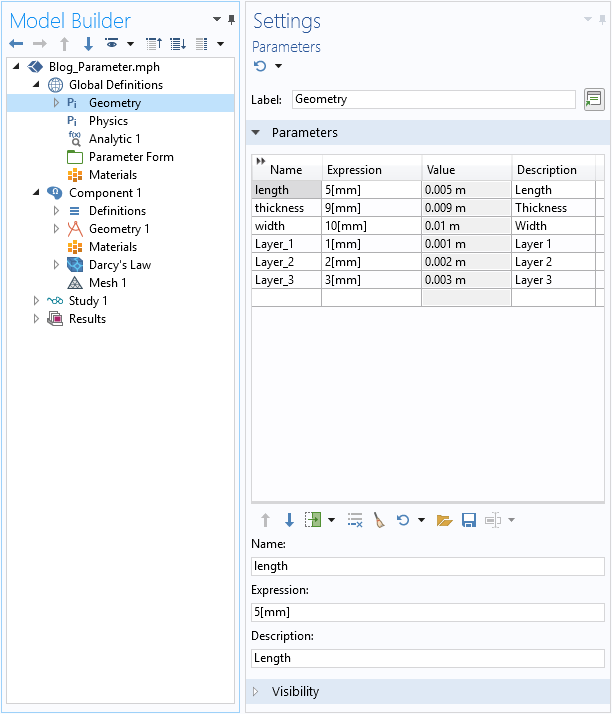 A screenshot of the model settings with two logically structured parameter nodes.