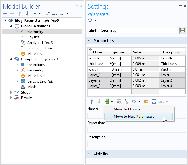 A screenshot showing how you can move parameters between existing nodes in the model settings.