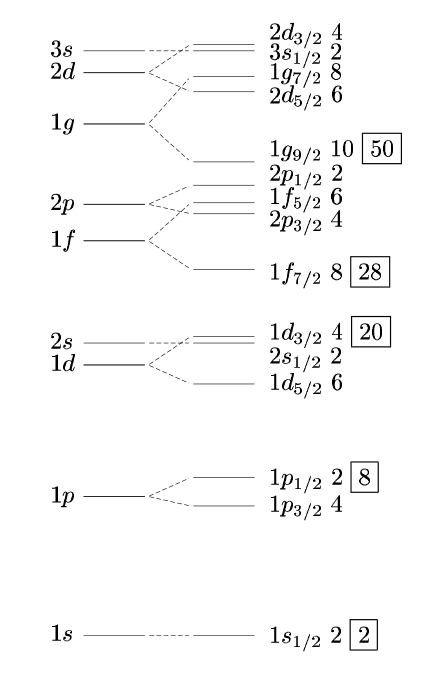 A graphic showing nuclear shells layered with the magic numbers in boxes.