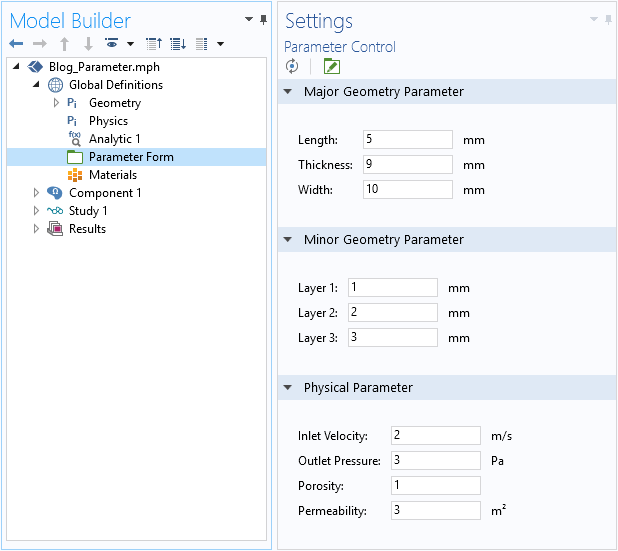 A screenshot showing the parameter control form added to the COMSOL Multiphysics®.