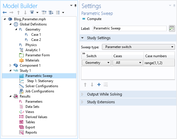 A screenshot of the model showing all of the parameter-related features.