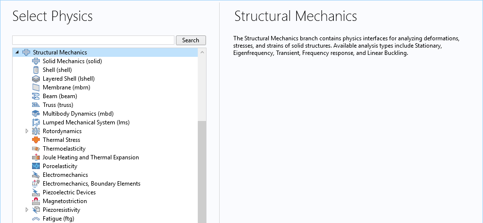 A screenshot showing the structural mechanics interfaces in COMSOL Multiphysics®.