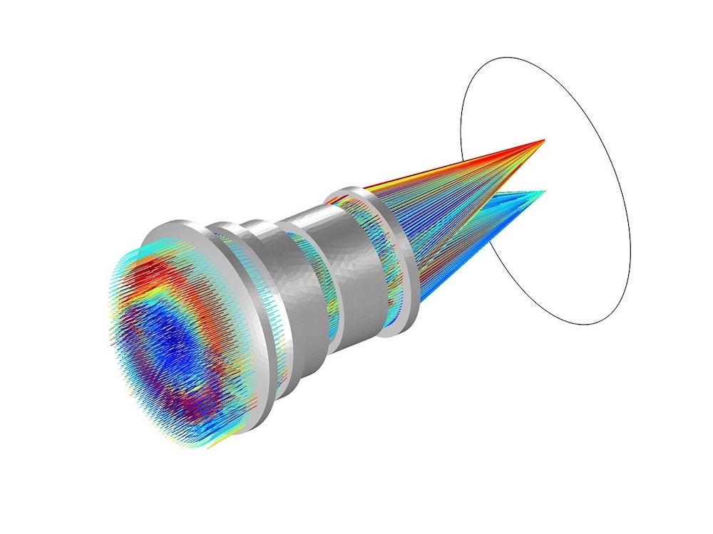 An image of a double Gauss lens modeled in COMSOL Multiphysics®.