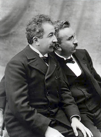 A black-and-white portrait of brothers Auguste and Louis Lumiere.