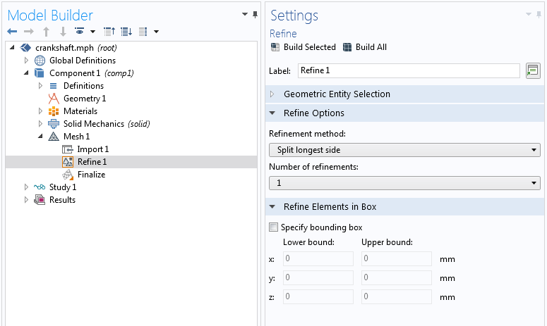 A screenshot showing the settings for the Refine operation in COMSOL Multiphysics®.