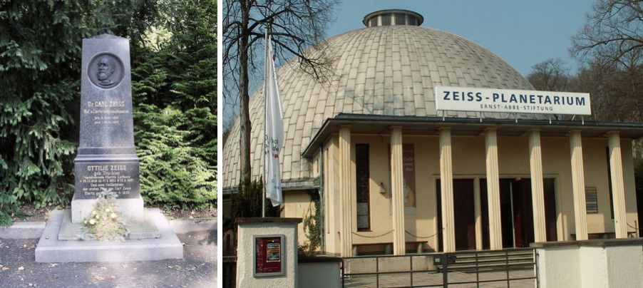 Side-by-side photographs of Carl Zeiss' grave and the Zeiss Planetarium, both located in Jena.