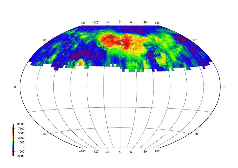 An image of a radar topography map of Venus.