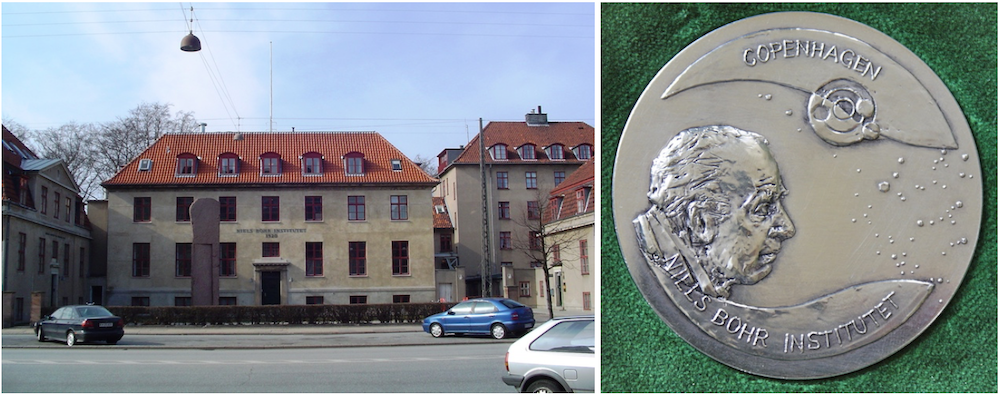 Side-by-side photos of the Niels Bohr Institute building and medal.