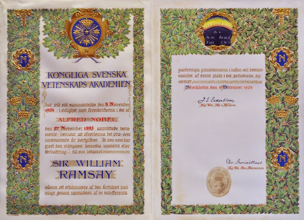 An image of the Nobel Prize certificate awarded to William Ramsay.