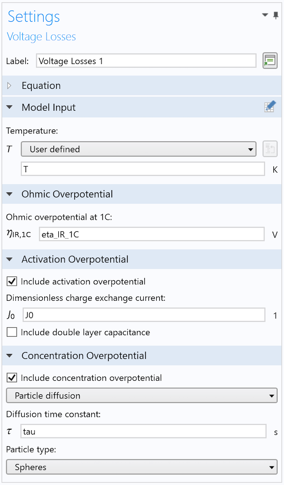 A screenshot of the Settings window for the voltage losses of a battery model.