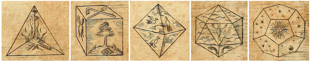 Five side-by-side images showing the platonic solids.